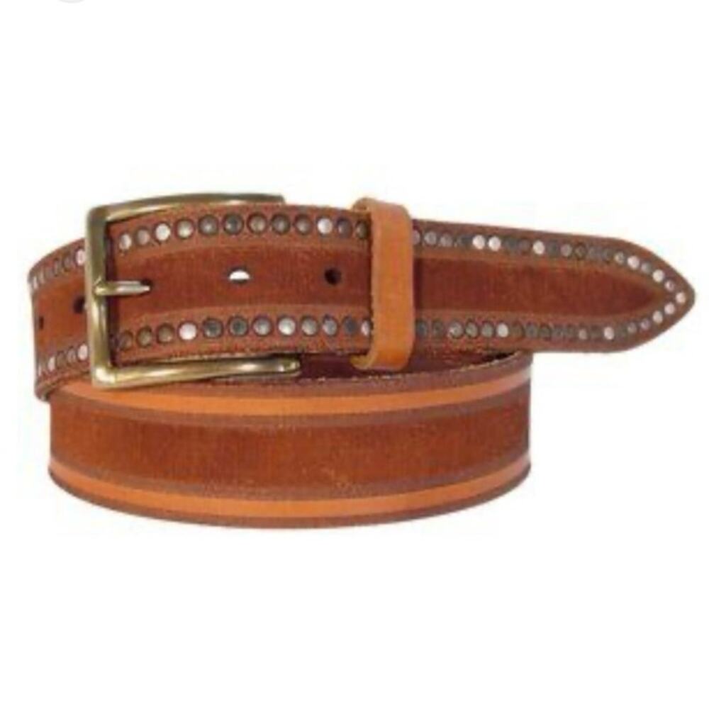 W. Kleinberg Italian Center Skived Calf Belt Rivets Antique Silver Buckle Cognac